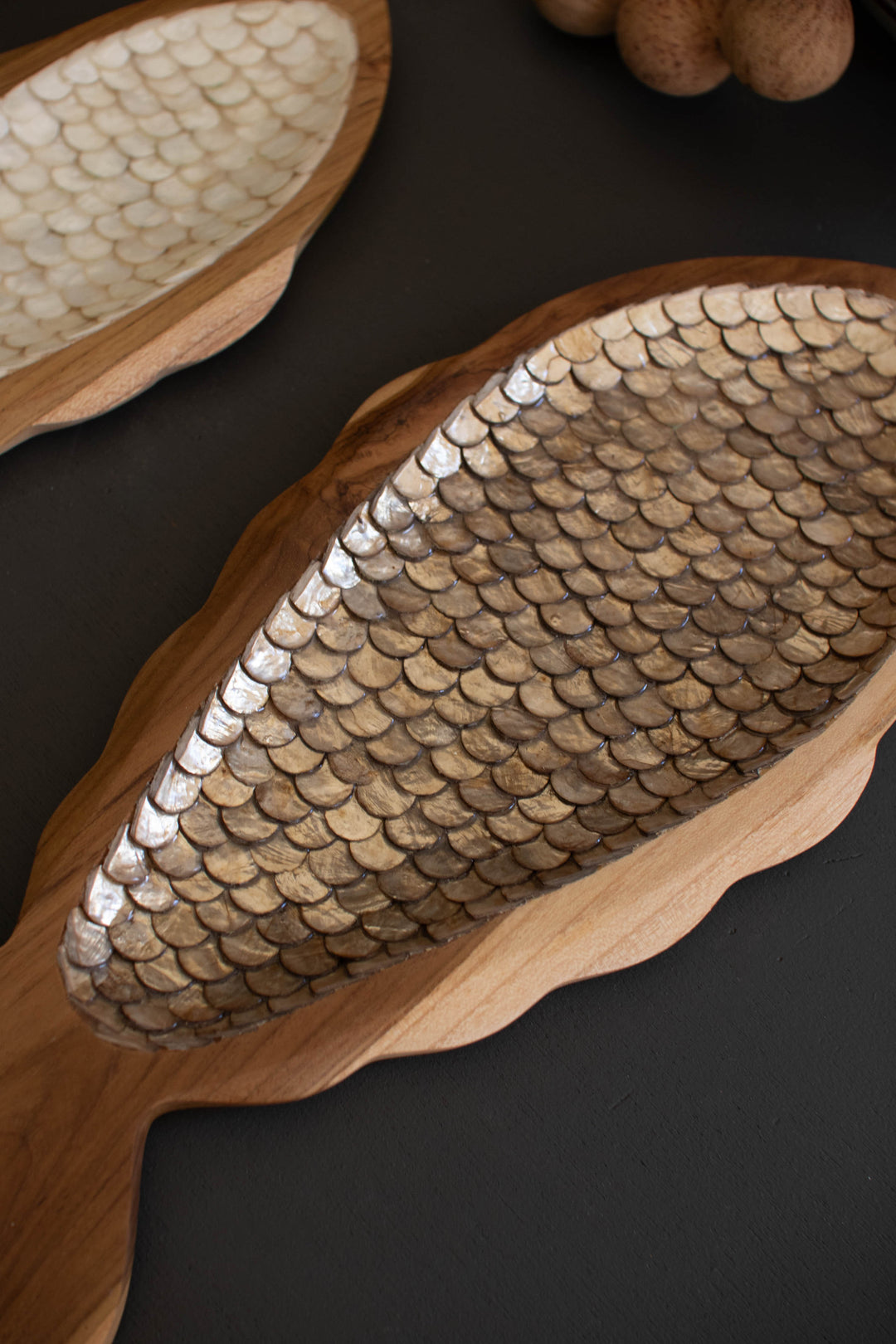 Set of 2 Carved Teak Fish with Capiz Detail