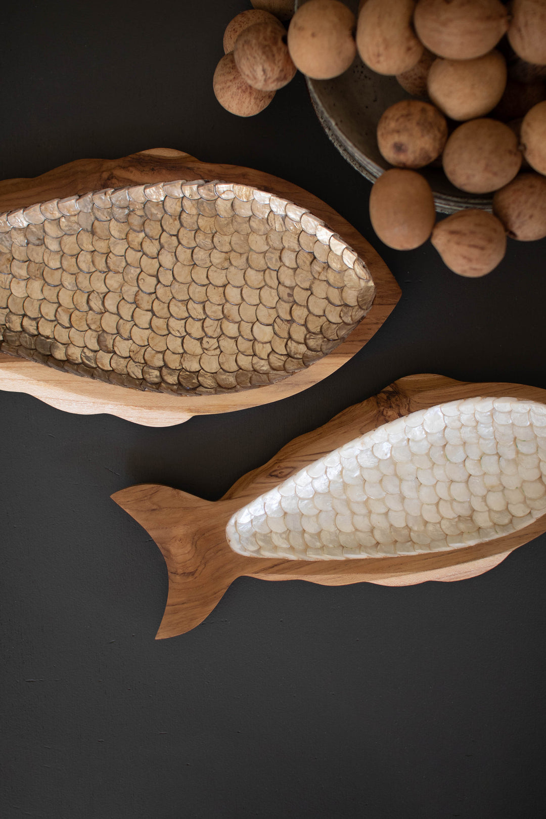 Set of 2 Carved Teak Fish with Capiz Detail