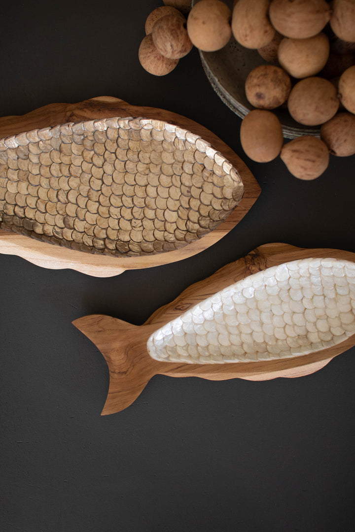 Set of 2 Carved Teak Fish with Capiz Detail