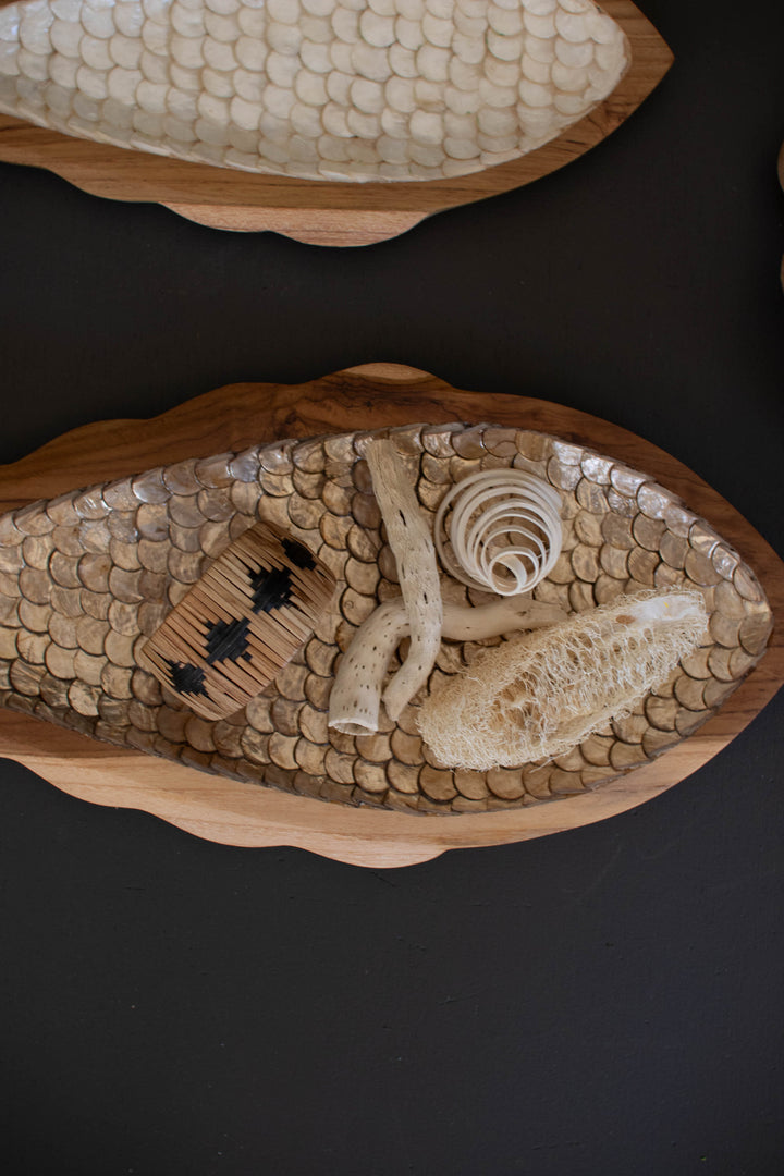Set of 2 Carved Teak Fish with Capiz Detail