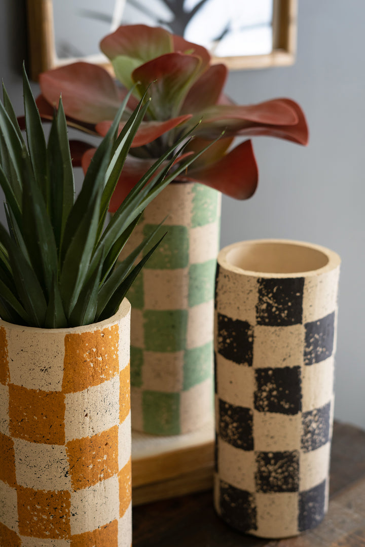 Set Of 3 Checkered Clay Cylinder Vases