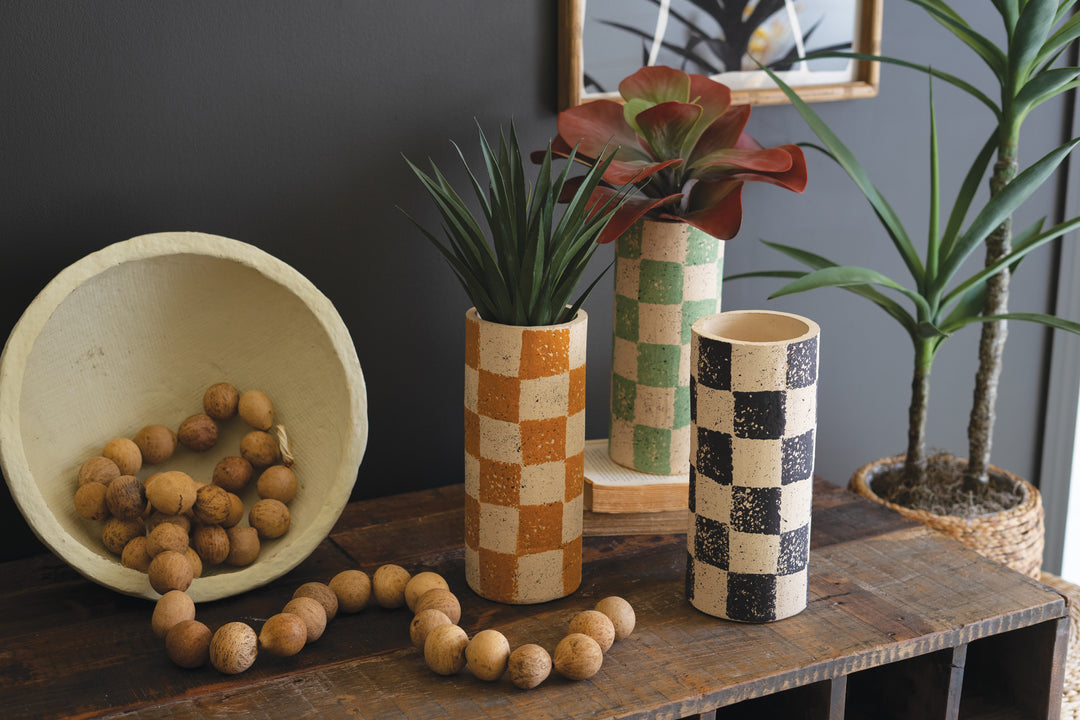 Set Of 3 Checkered Clay Cylinder Vases