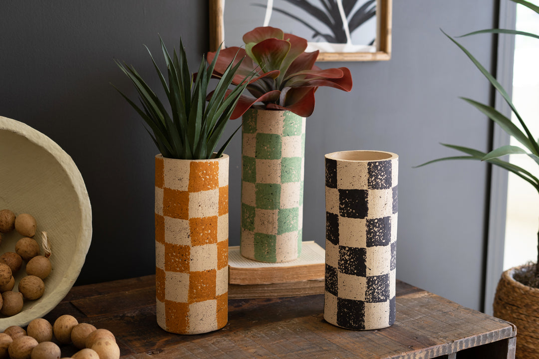 Set Of 3 Checkered Clay Cylinder Vases