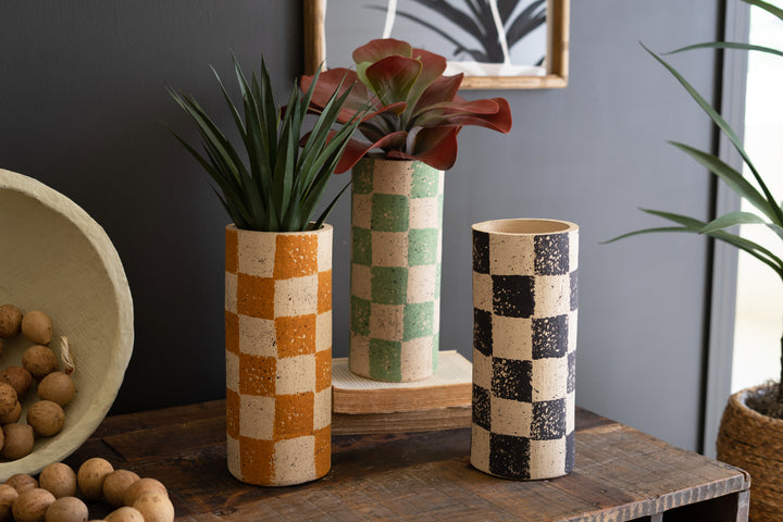 Set Of 3 Checkered Clay Cylinder Vases