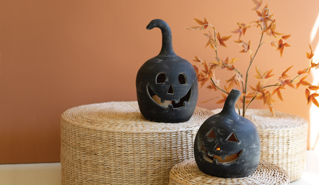 Set Of 2 Black Clay Jack-O-Lanterns