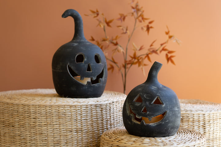 Set Of 2 Black Clay Jack-O-Lanterns