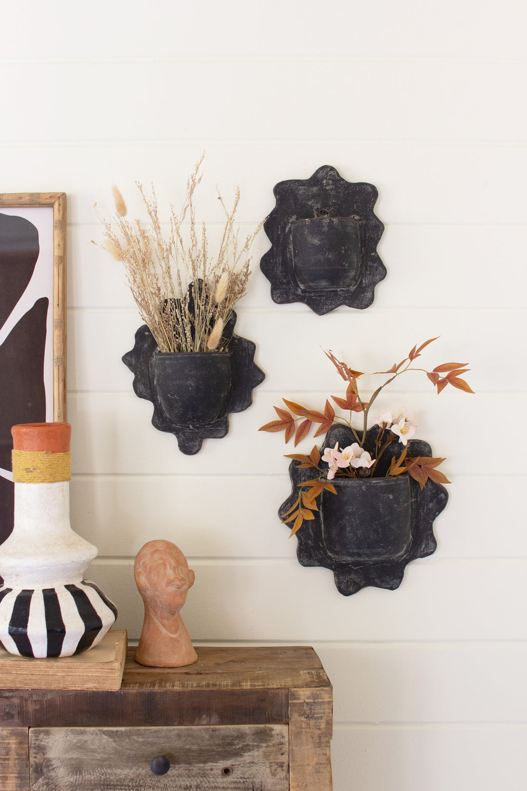black clay plant pots Set Of 3 Black Wavy Clay Wall Planters – Hudson & Vine