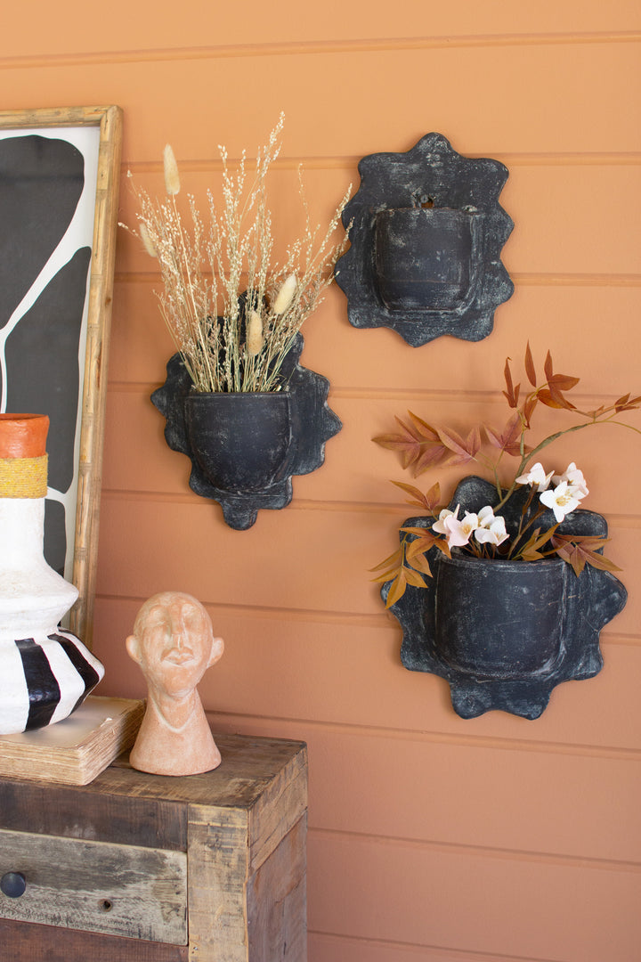 Set Of 3 Black Wavy Clay Wall Planters