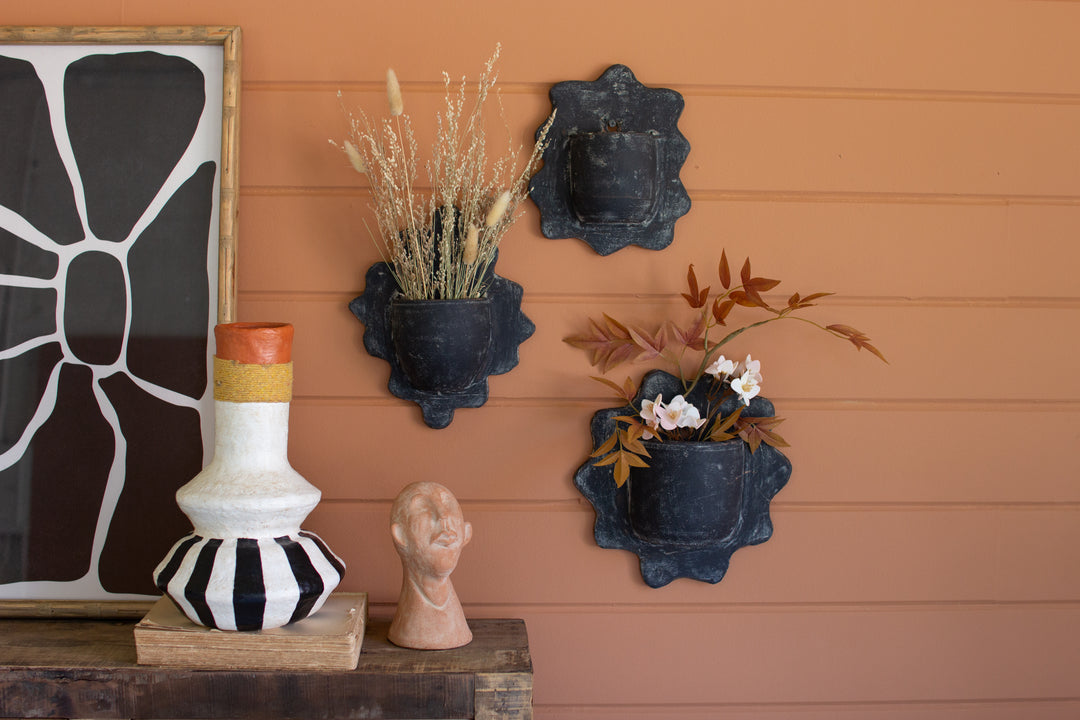 Set Of 3 Black Wavy Clay Wall Planters