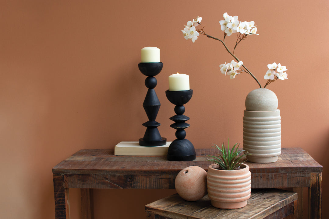 Set Of 2 Ribbed Clay Vases With Bud Vase Spheres