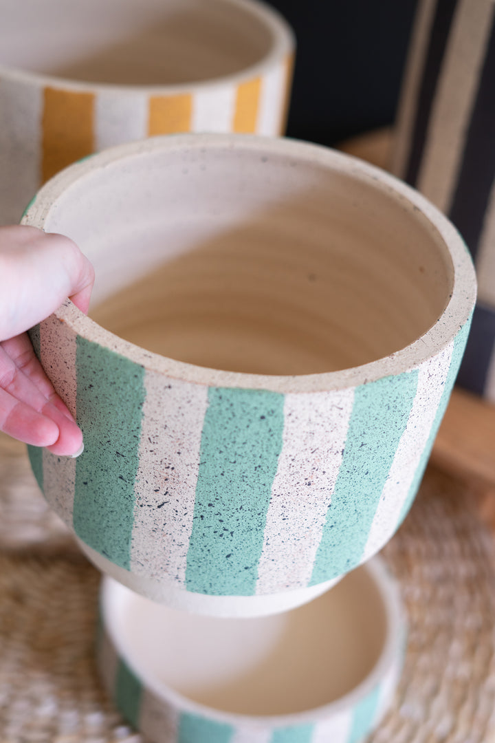 Set of 3 Striped Clay Planters with Trays