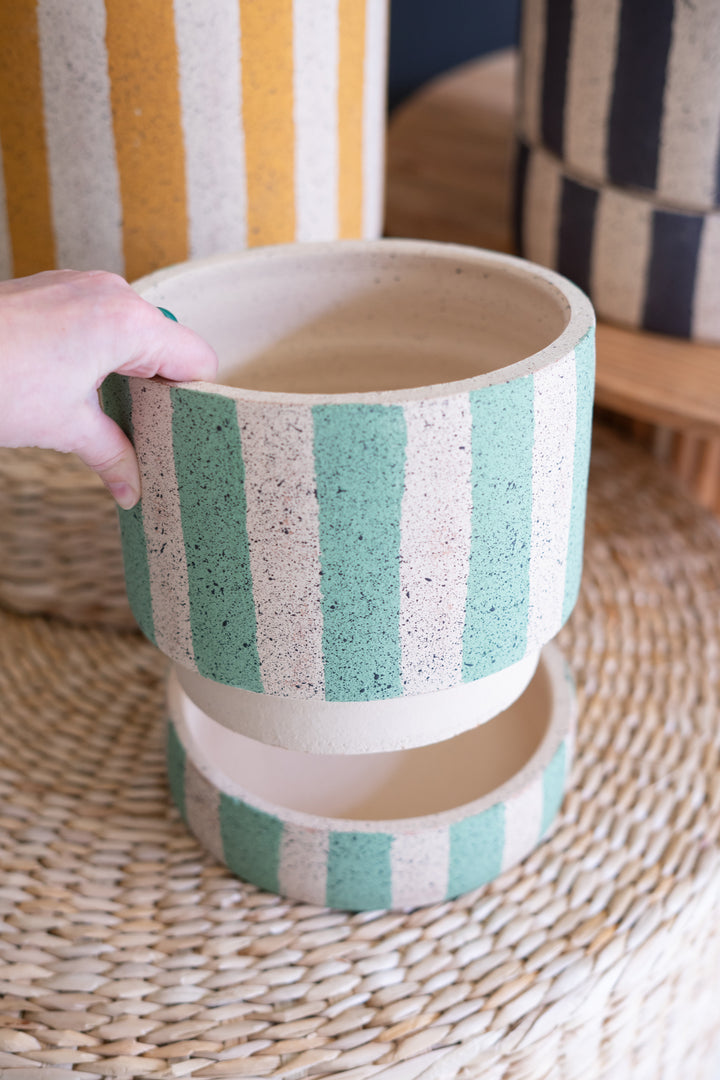 Set of 3 Striped Clay Planters with Trays