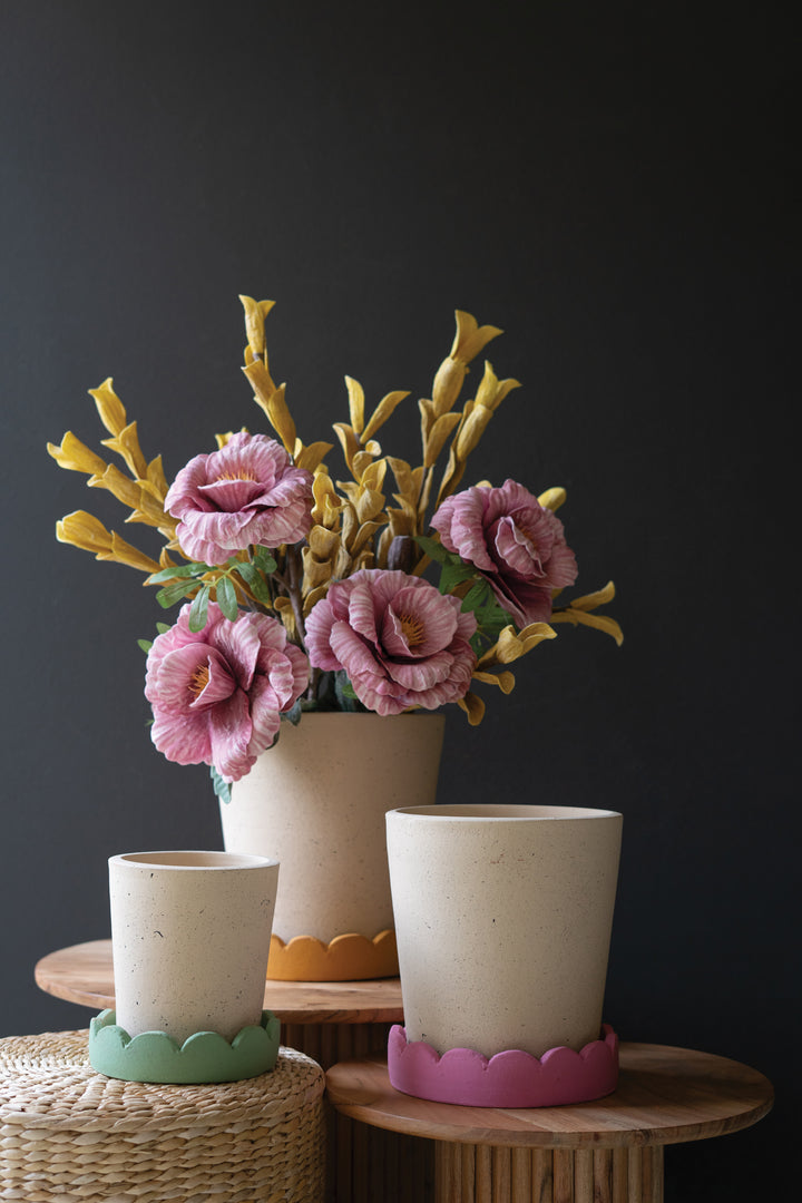 Set of 3 Terracotta Planters with Scalloped Trays