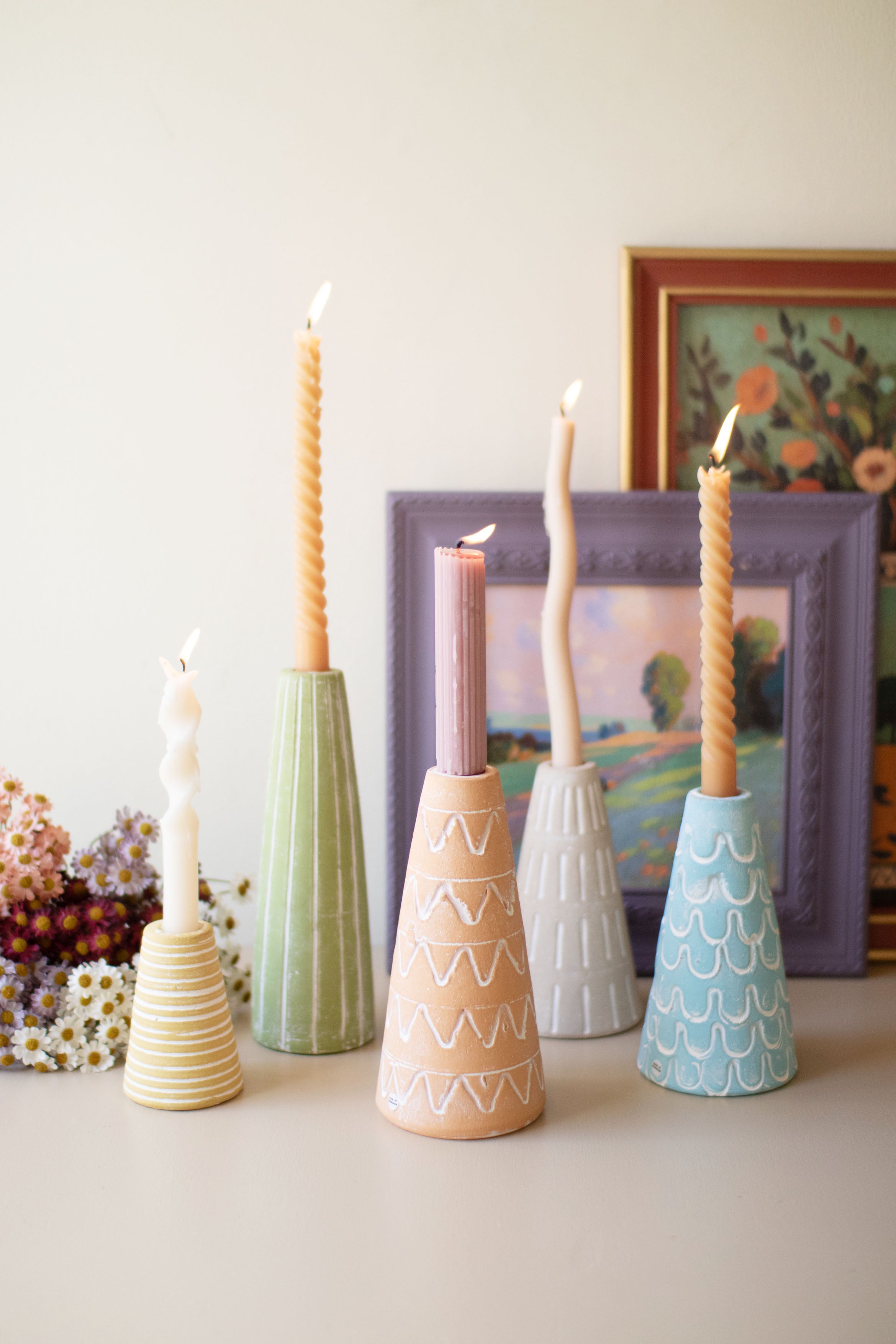 Set of 5 Painted Clay Party Hat Candle Taper Holders