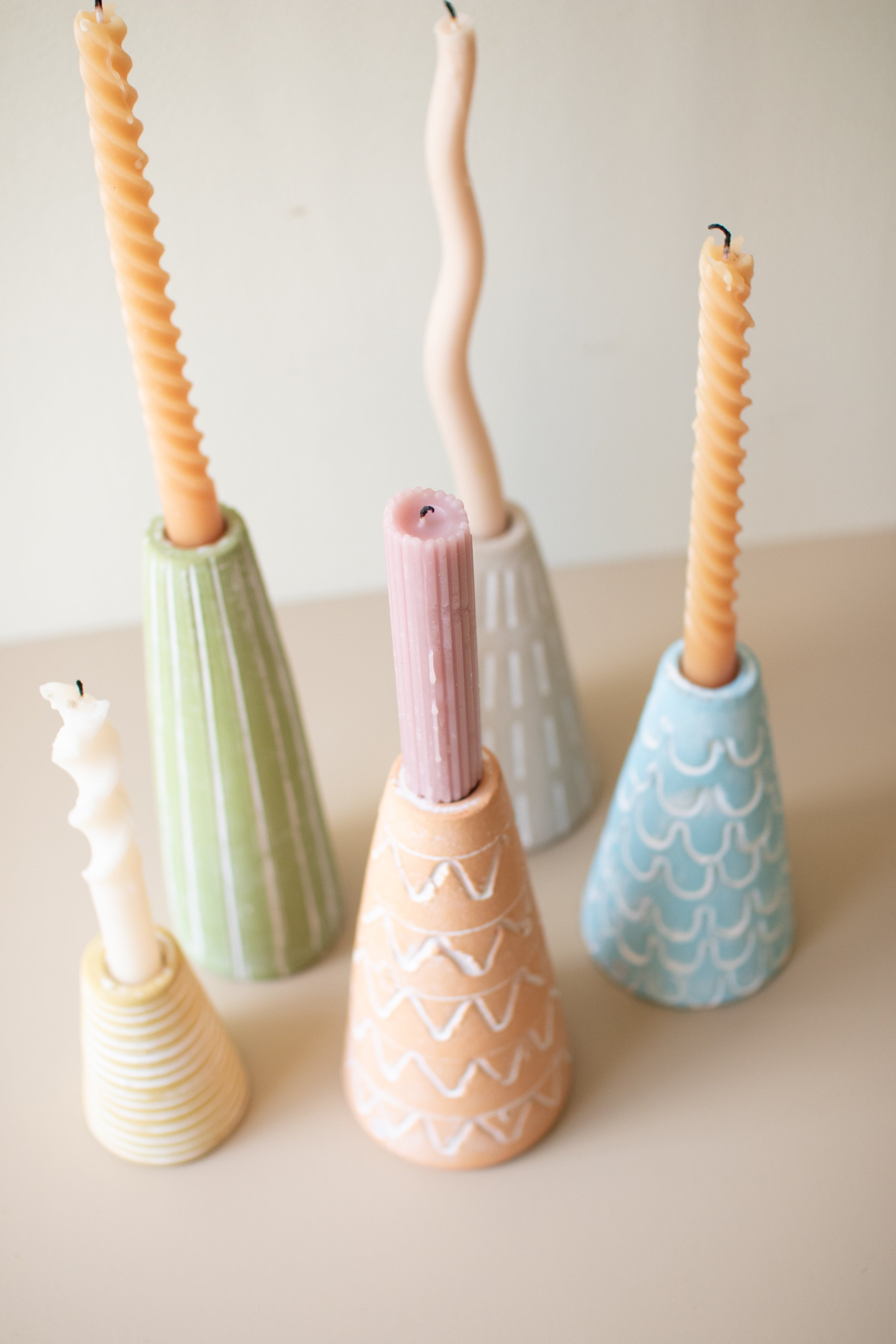 Set of 5 Painted Clay Party Hat Candle Taper Holders - Thumbnail 3