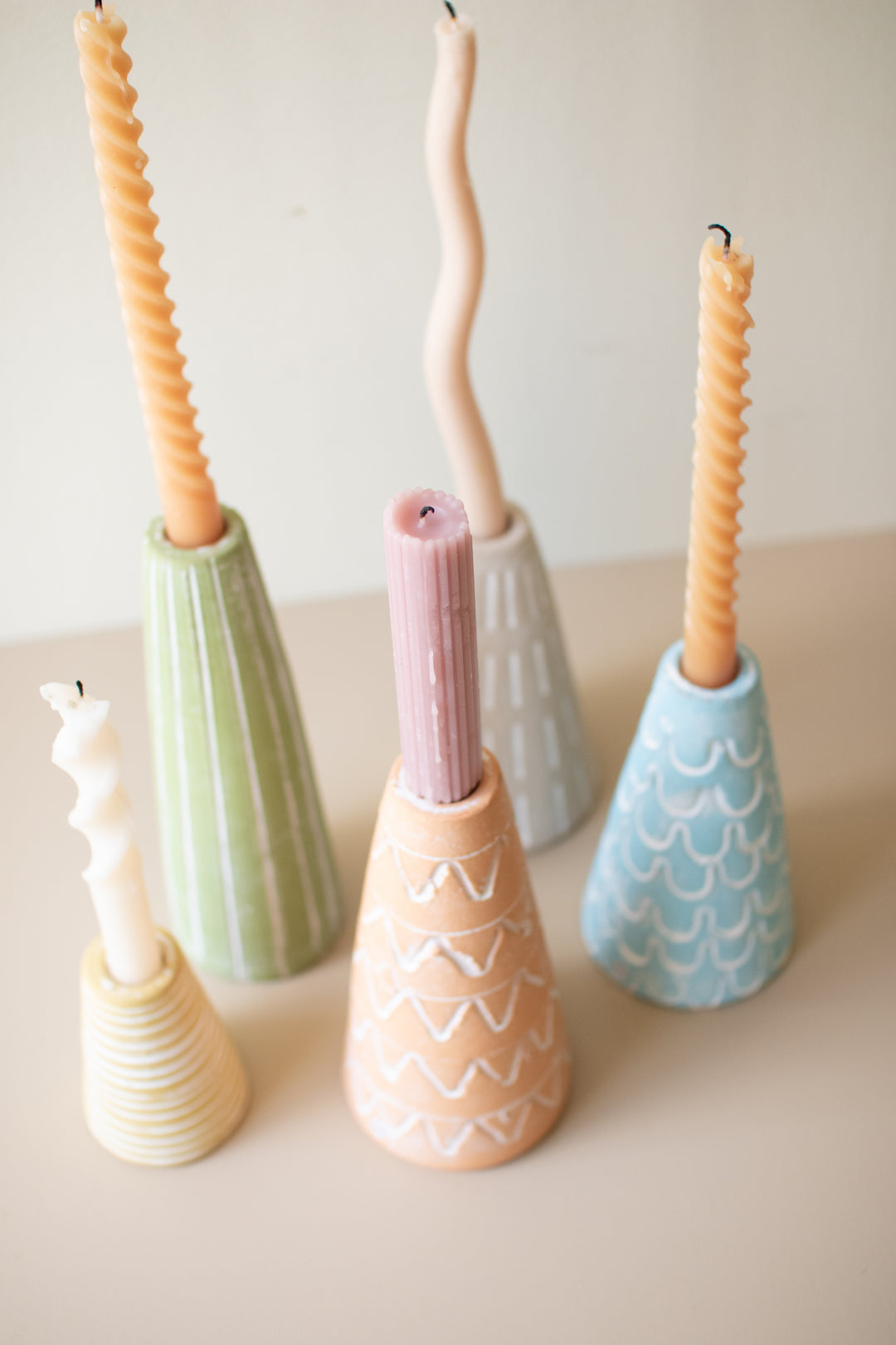Set of 5 Painted Clay Party Hat Candle Taper Holders