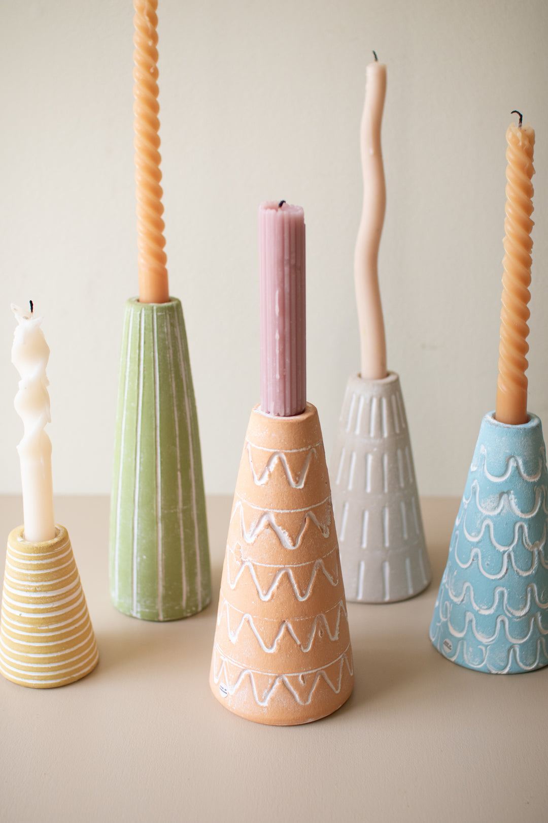 Set of 5 Painted Clay Party Hat Candle Taper Holders
