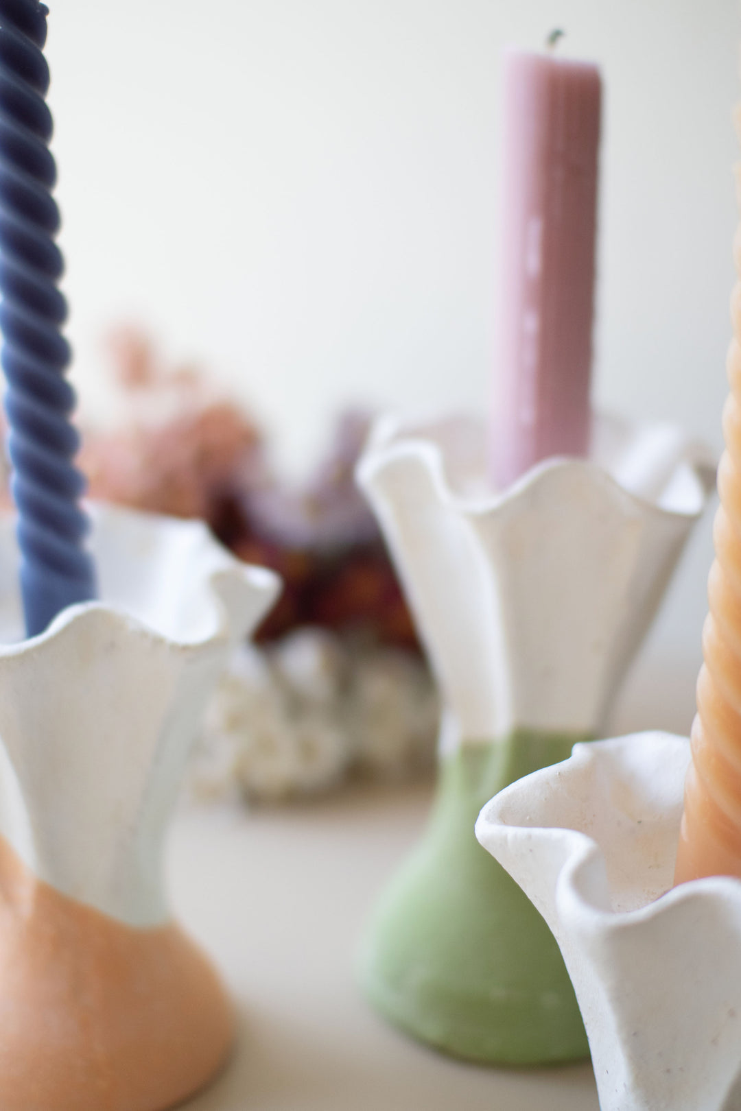 Set of 3 Color-Dipped Clay Flower Taper Candle Holders