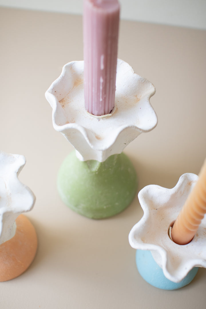 Set of 3 Color-Dipped Clay Flower Taper Candle Holders