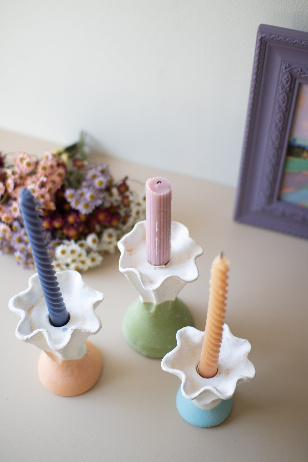 Set of 3 Color-Dipped Clay Flower Taper Candle Holders