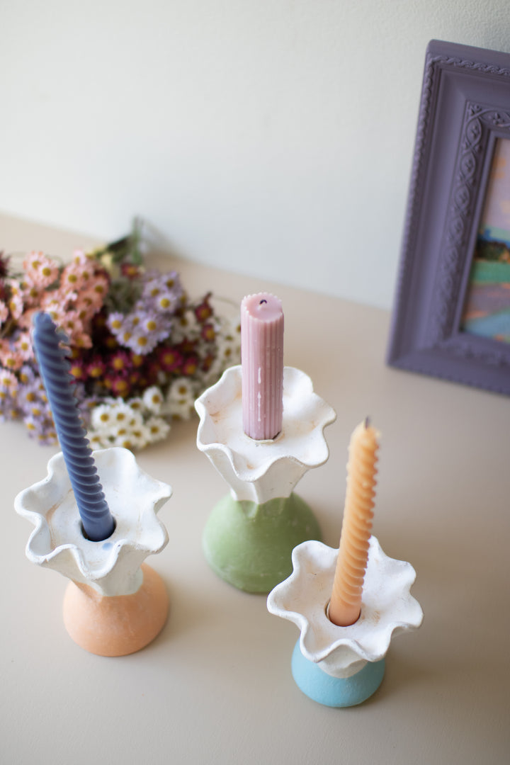 Set of 3 Color-Dipped Clay Flower Taper Candle Holders