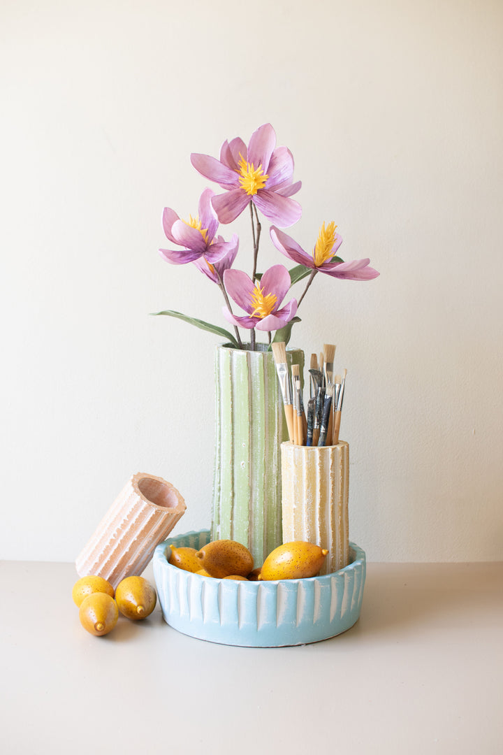 Set of 4 Ribbed Clay Cylinder Vases & Bowl