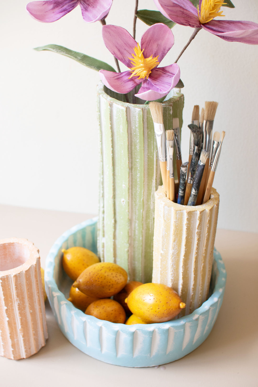 Set of 4 Ribbed Clay Cylinder Vases & Bowl