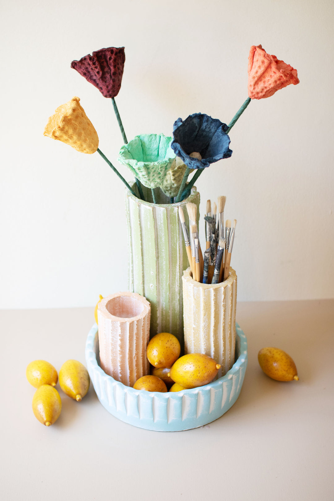 Set of 4 Ribbed Clay Cylinder Vases & Bowl