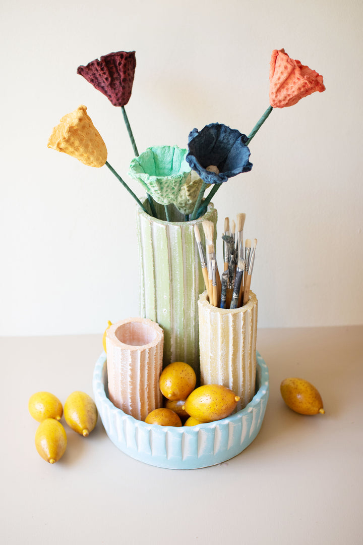 Set of 4 Ribbed Clay Cylinder Vases & Bowl