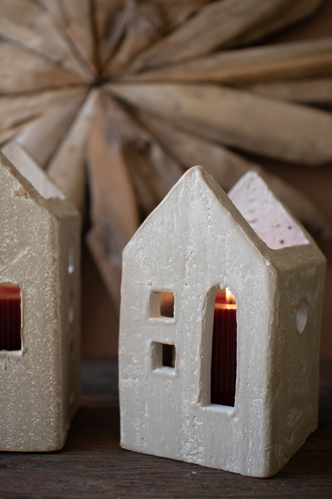 Set of 3 Gray-Wash Clay House Luminaries