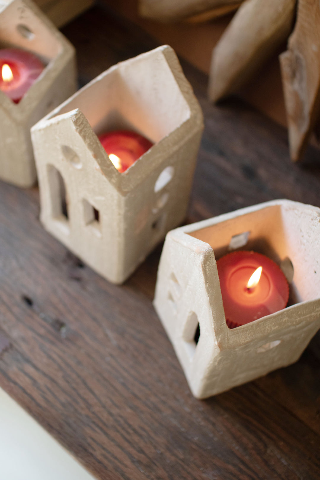 Set of 3 Gray-Wash Clay House Luminaries