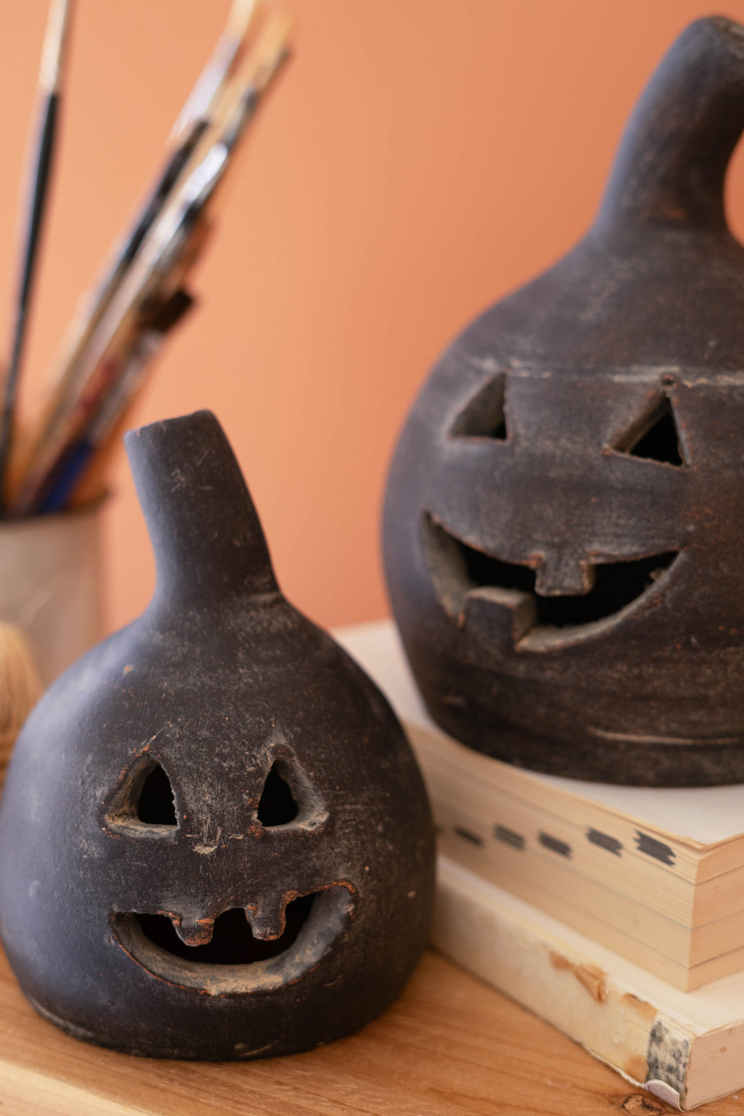 Set of 2 Small Black Clay Jack-O-Lanterns