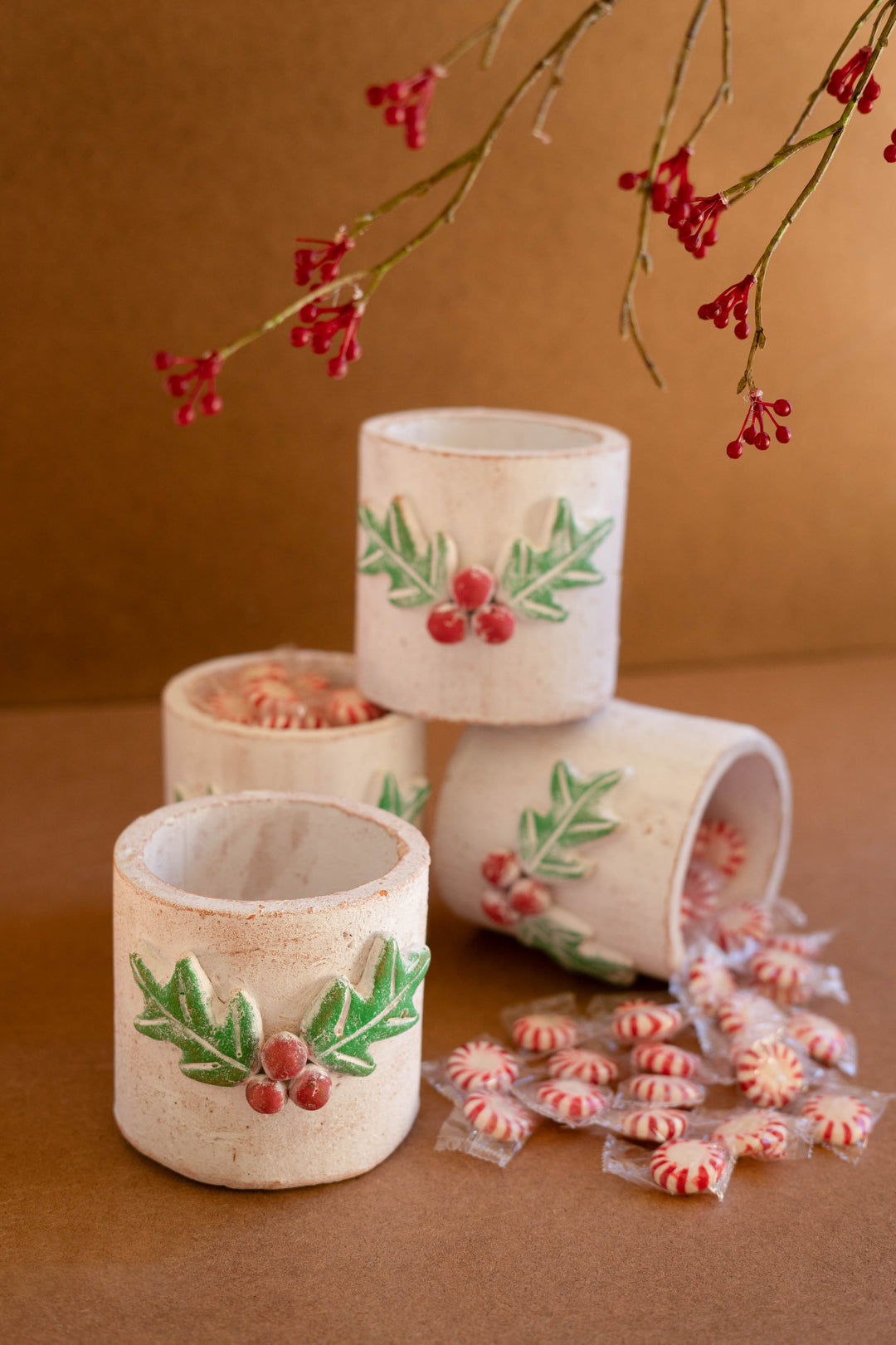 Clay Christmas Holly Container Set of 4