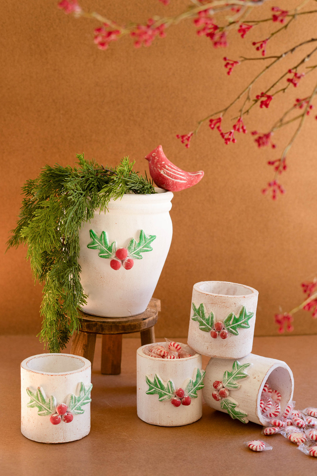 Clay Christmas Holly Container Set of 4