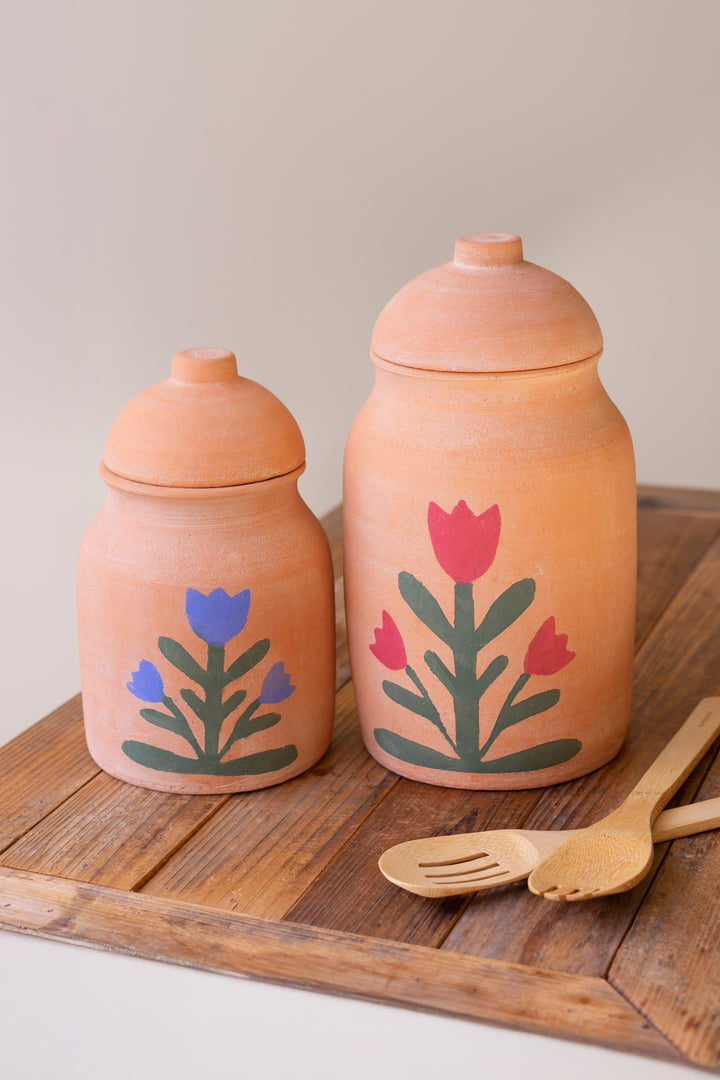 Set of 2 Clay Canisters with Painted Flower Detail