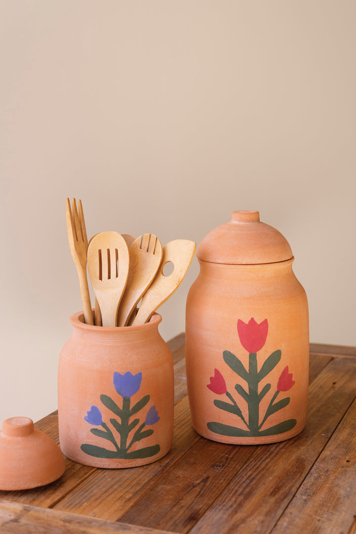 Set of 2 Clay Canisters with Painted Flower Detail