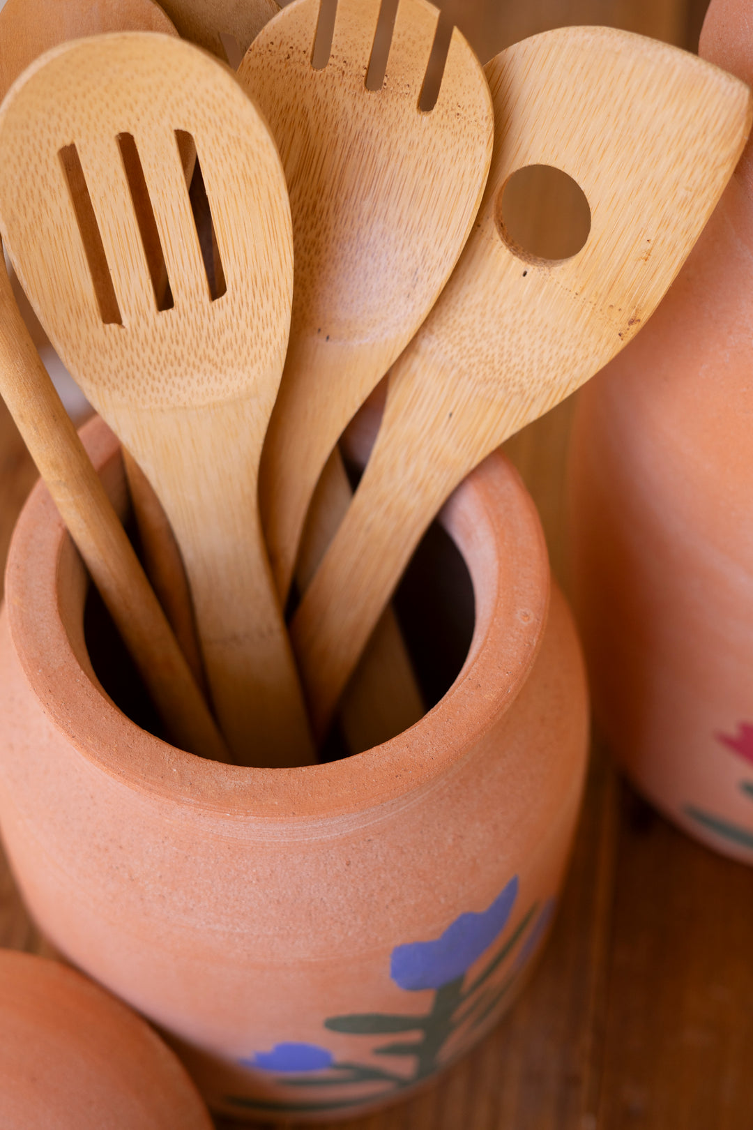 Set of 2 Clay Canisters with Painted Flower Detail