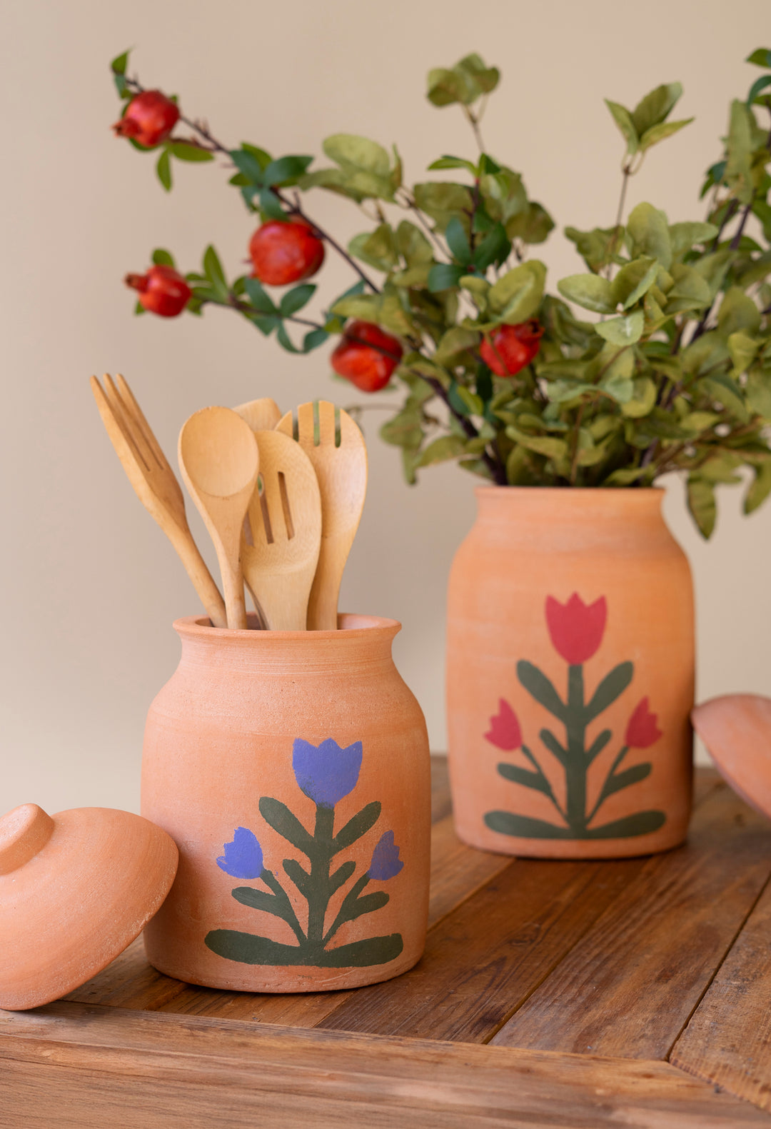 Set of 2 Clay Canisters with Painted Flower Detail