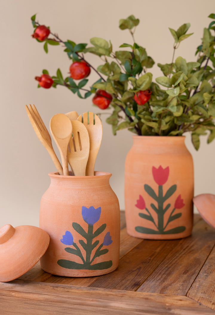 Set of 2 Clay Canisters with Painted Flower Detail
