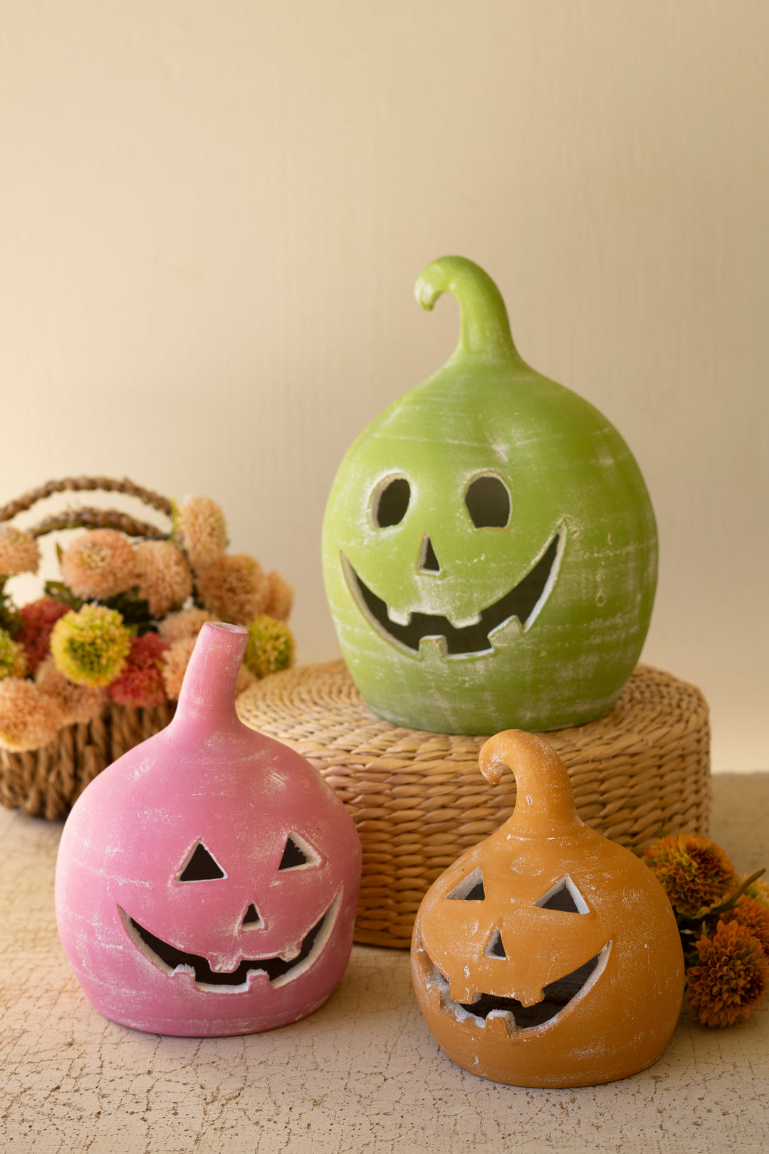 Set of 3 Colorful Clay Jack-O-Lanterns