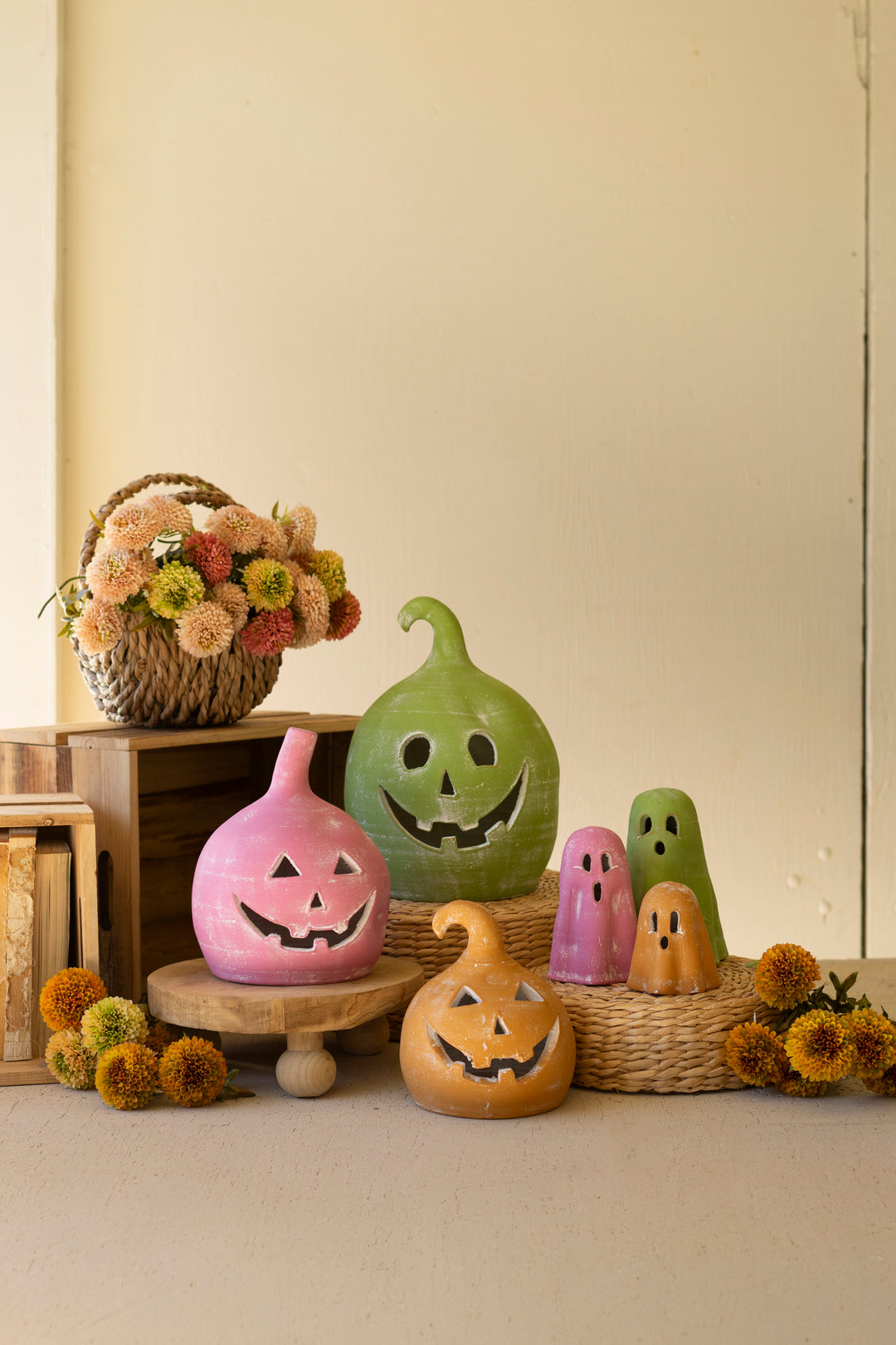 Set of 3 Colorful Clay Jack-O-Lanterns