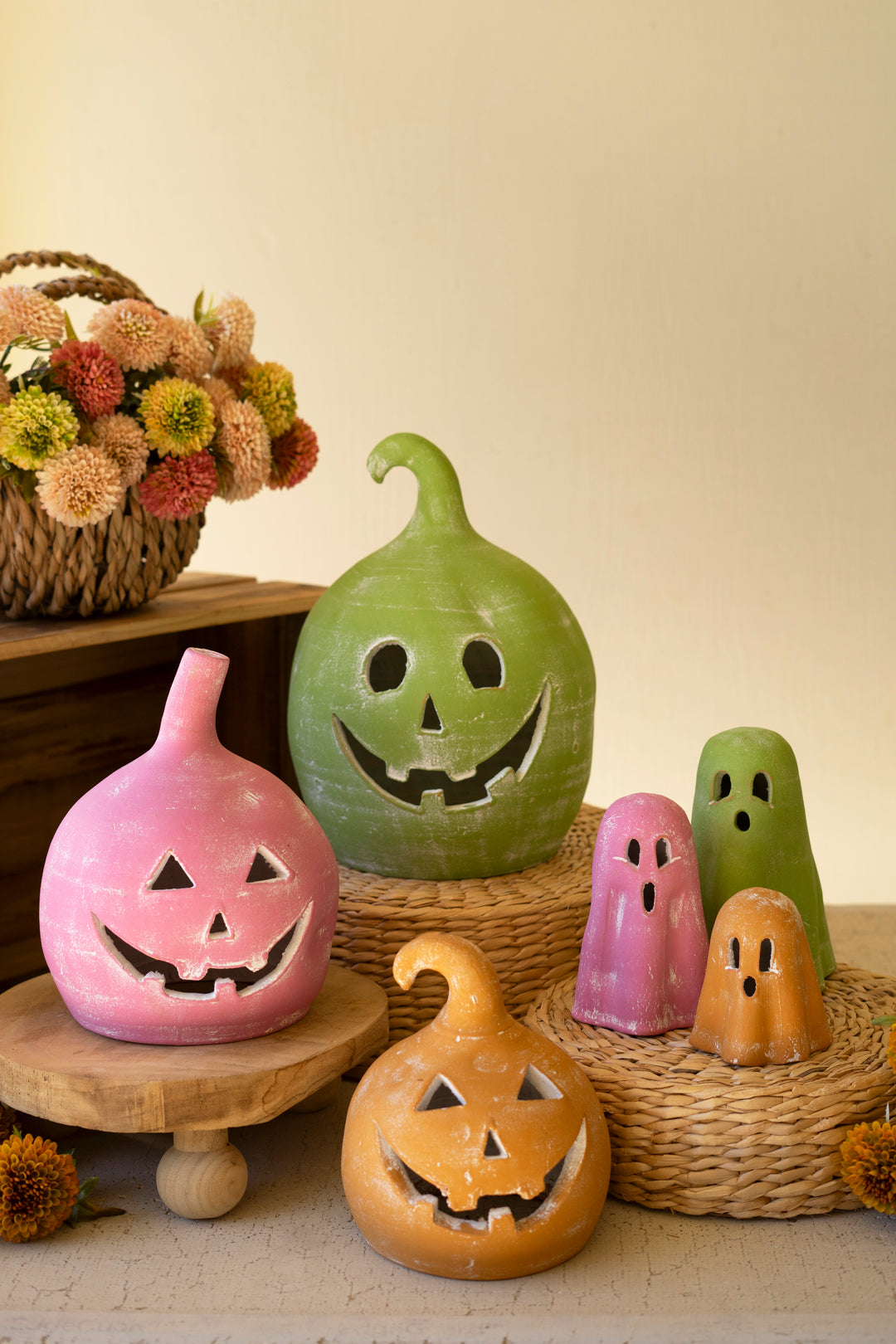 Set of 3 Colorful Clay Jack-O-Lanterns