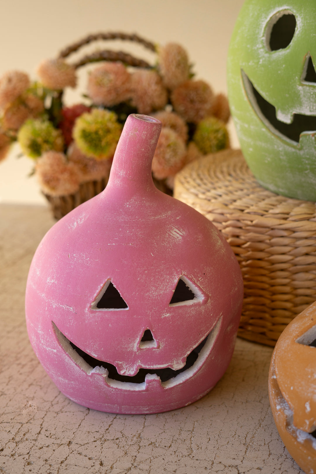 Set of 3 Colorful Clay Jack-O-Lanterns