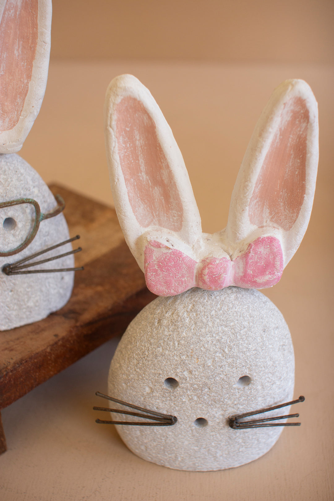 Set of 2 White-Wash Clay and River Rock Bunnies