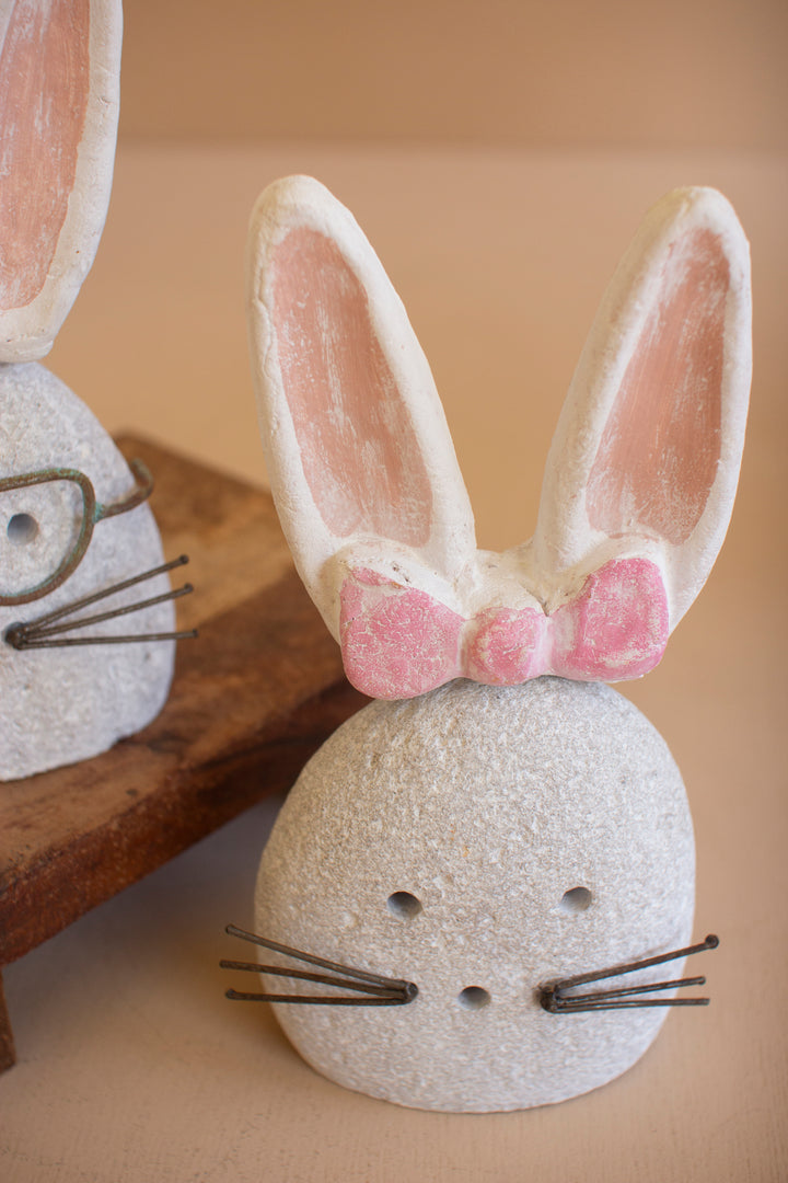 Set of 2 White-Wash Clay and River Rock Bunnies