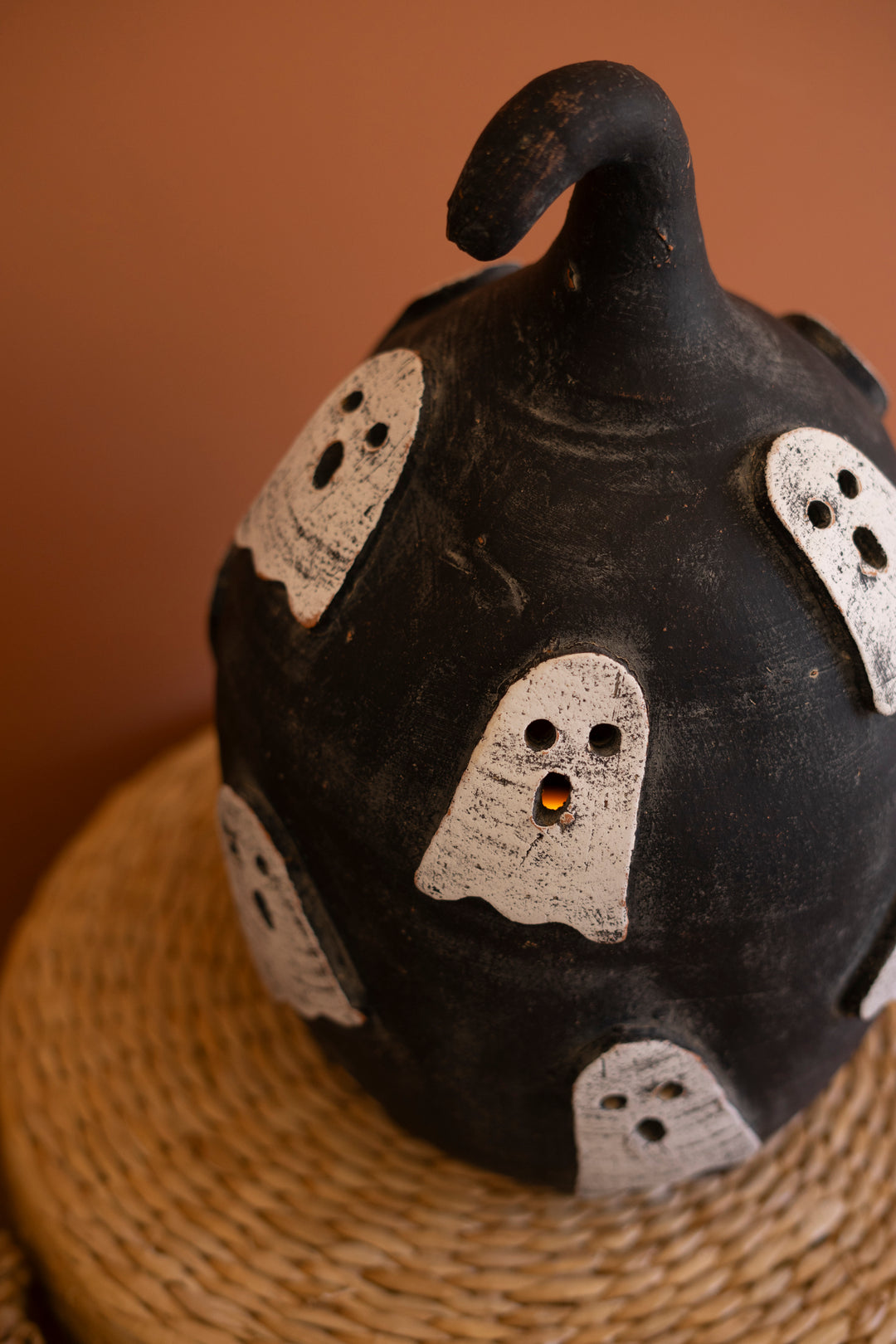 Black Clay Pumpkin with Ghosts Luminary