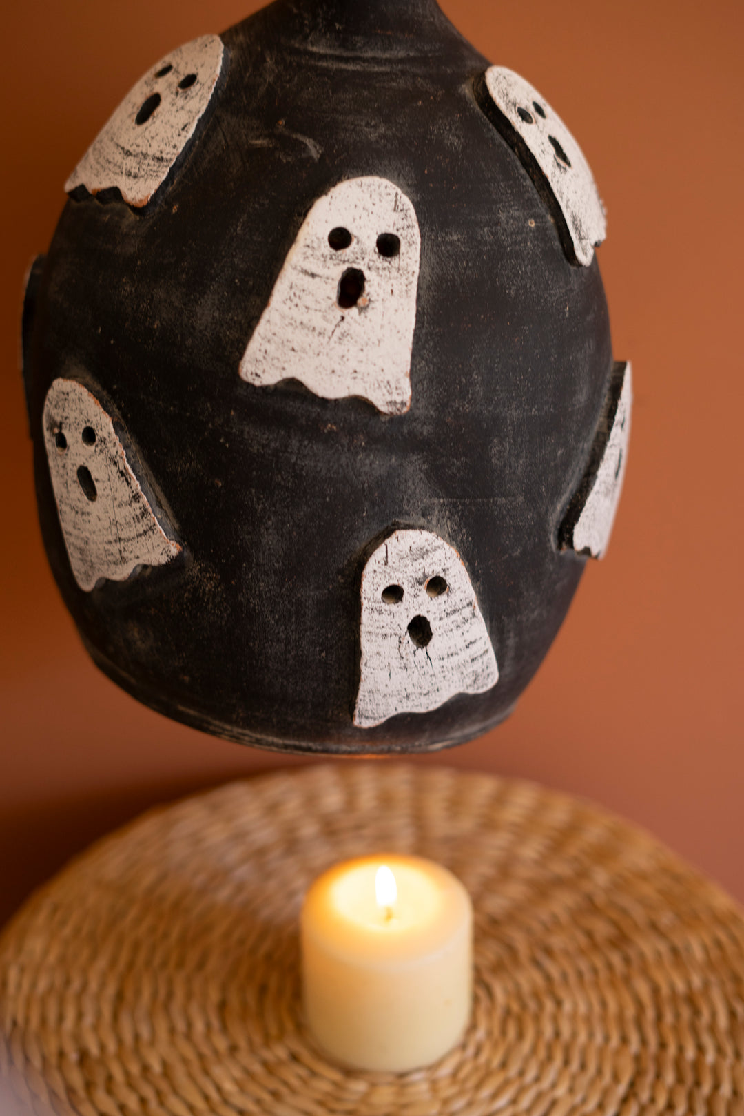 Black Clay Pumpkin with Ghosts Luminary