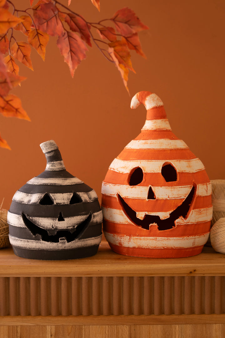 Set of 2 Painted Clay Striped Jack-O-Lanterns