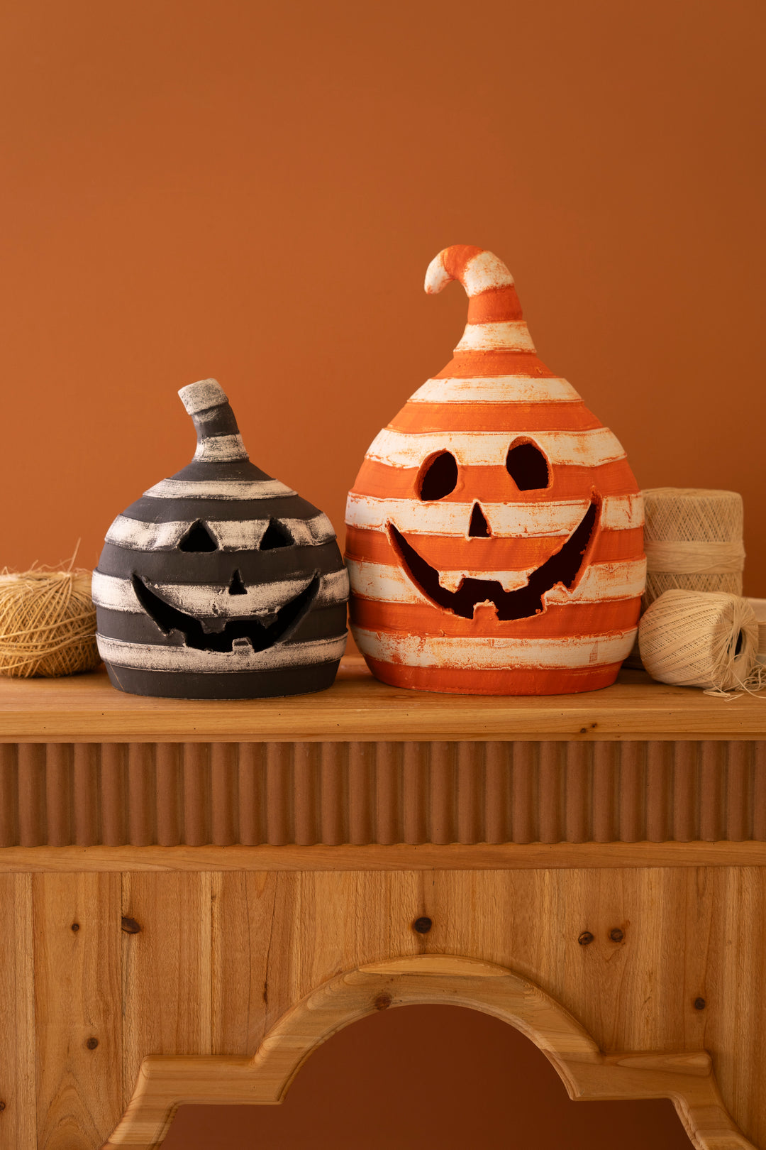 Set of 2 Painted Clay Striped Jack-O-Lanterns