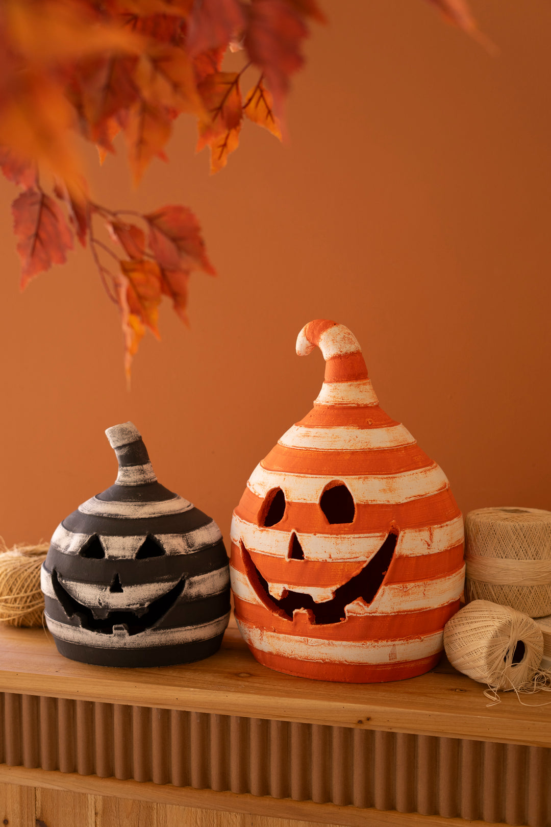 Set of 2 Painted Clay Striped Jack-O-Lanterns